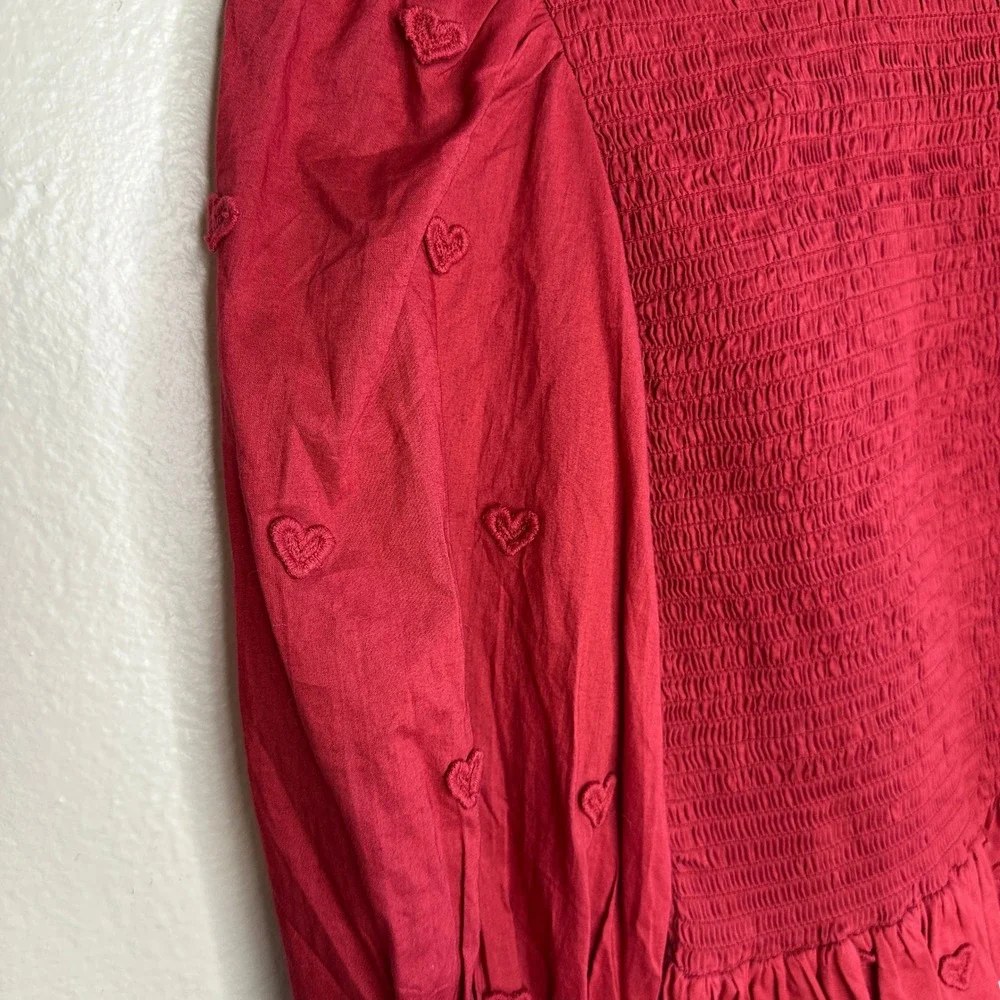 FARM Rio 3D Heart Smocked Blouse Size XS Red Embroidered Puff Sleeve Ruffle Top
